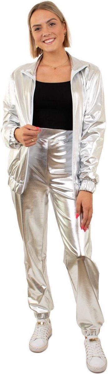 Glitter & Glamour Kostuum | Trainingspak Zilver Space Invasie Dames | Vrouw | Medium | Carnaval kostuum | Verkleedkleding